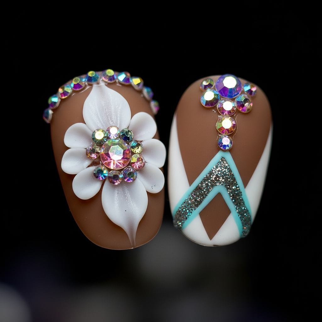 Macro close-up brown matte AB rhinestone 3D white flower teal glitter salon-quality nails detail — LuxepressCo