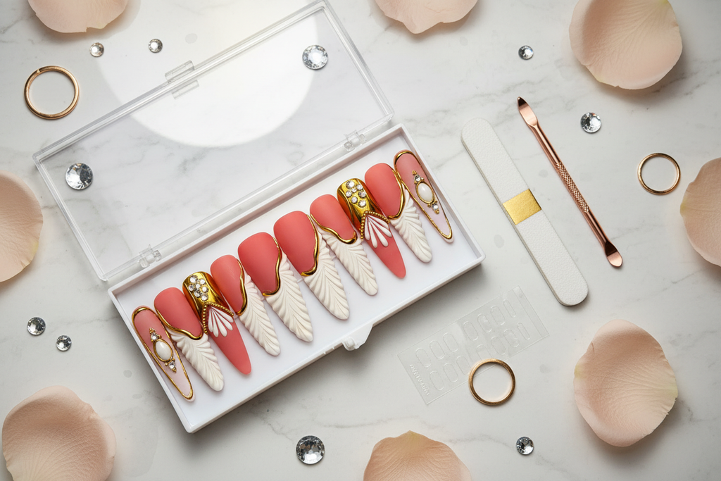 Luxury unboxing acrylic box terracotta coral gold frame angel wing crystal press-on nails with accessories — LuxepressCo