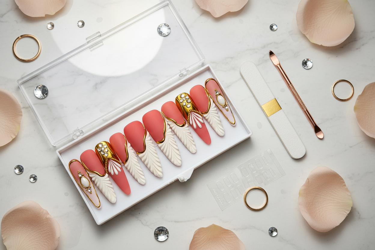 Luxury unboxing acrylic box terracotta coral gold frame angel wing crystal press-on nails with accessories — LuxepressCo