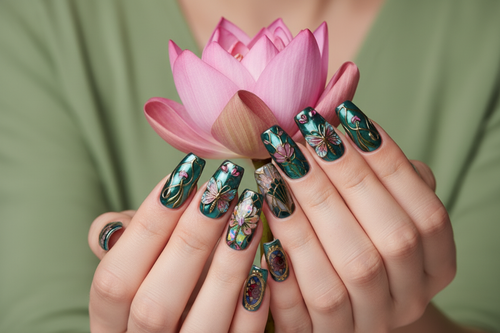 Fair-skin hands wearing Art Nouveau stained glass custom press-on nails holding pink lotus flower — LuxepressCo