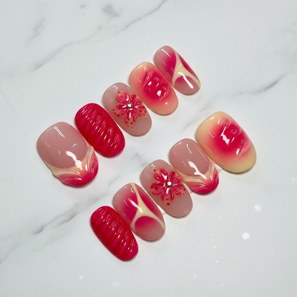 Full set pink cherry blossom stripe press-on nails on white marble studio light custom press-on nails — LuxepressCo