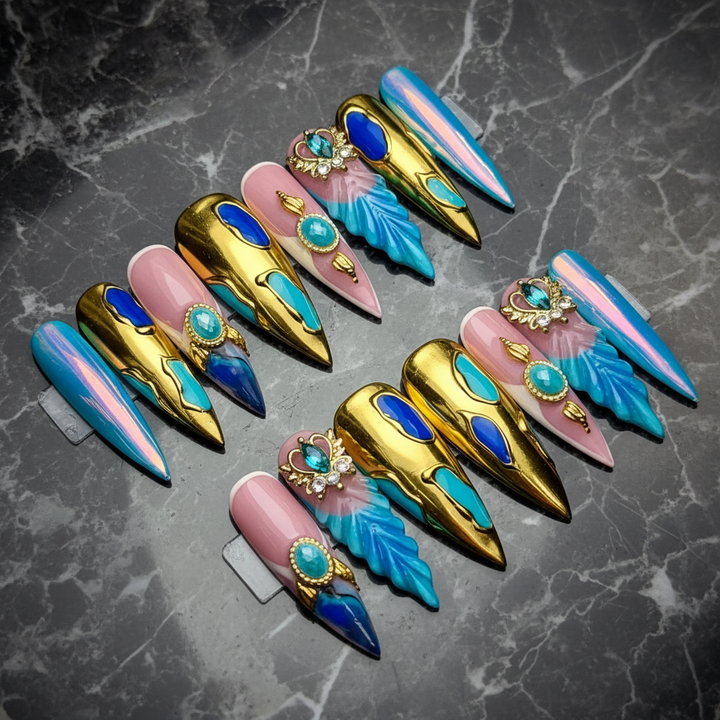 Gold chrome sapphire blue gem teal carved leaf goddess crown stiletto custom press-on nails full set on dark marble — LuxepressCo