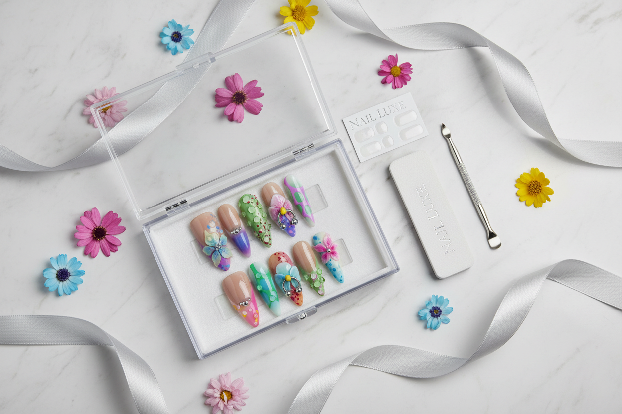 Luxury acrylic box unboxing nude watercolor bubble 3D floral silver charm almond custom press-on nails with accessories — LuxepressCo
