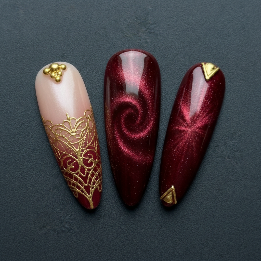 Close-up burgundy cat-eye chrome and gold lace filigree custom press-on nails — LuxepressCo