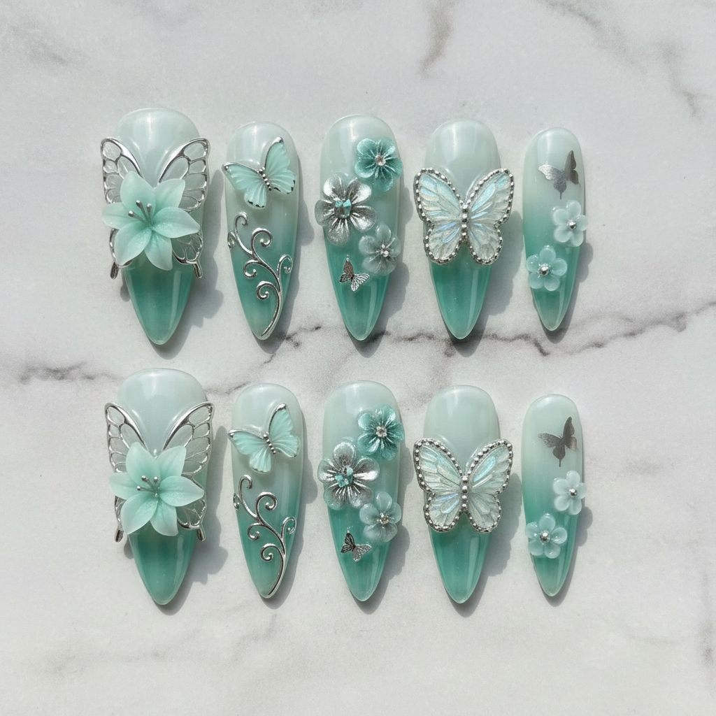 Flat lay top-down full set 10 mint aurora 3D flower silver butterfly salon-quality nails white marble — LuxepressCo