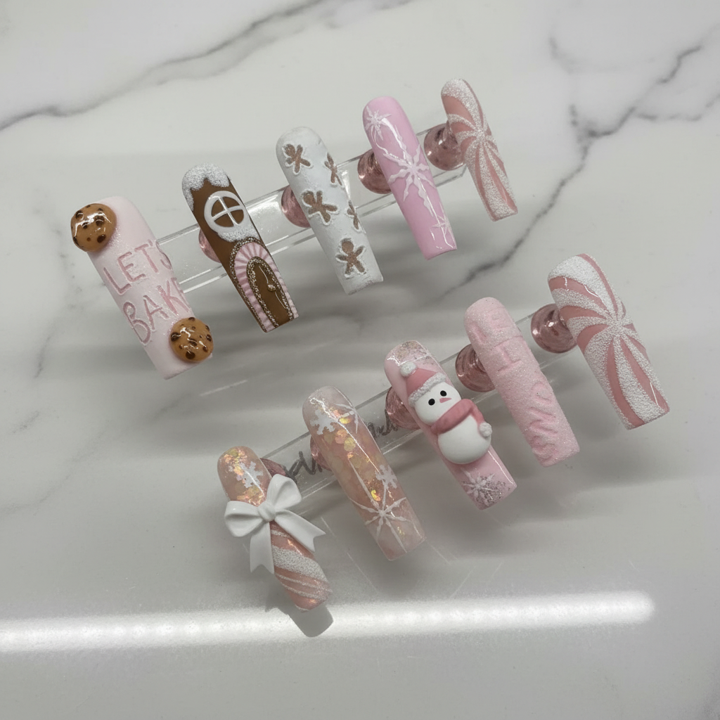 Christmas custom press-on nails gingerbread snowman pink white full set marble studio — LuxepressCo