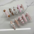 Christmas custom press-on nails gingerbread snowman pink white full set marble studio — LuxepressCo