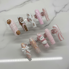 Christmas custom press-on nails gingerbread snowman pink white full set marble studio — LuxepressCo