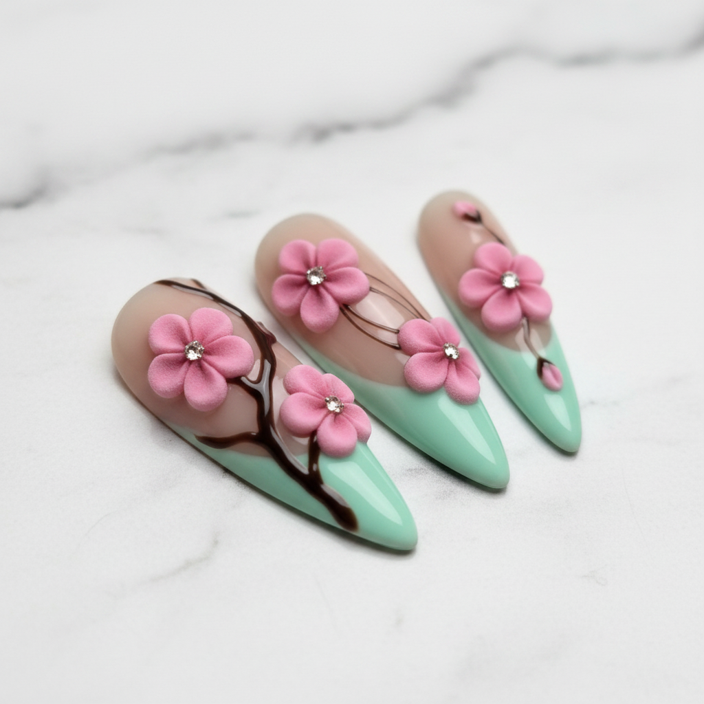Macro close-up cherry blossom press-on nails glossy texture mint green marble background — LuxepressCo