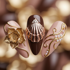 Macro close-up rose gold chrome fan shell 3D magnolia gold vine pearl bead salon-quality press-on nails chocolate brown — LuxepressCo