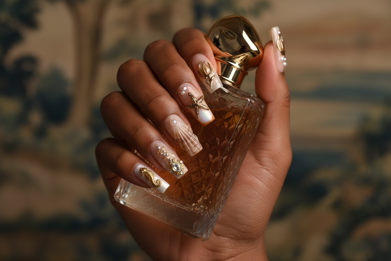 Dark-skin hands wearing ocean shell gold starfish pearl abalone custom press-on nails holding perfume — LuxepressCo