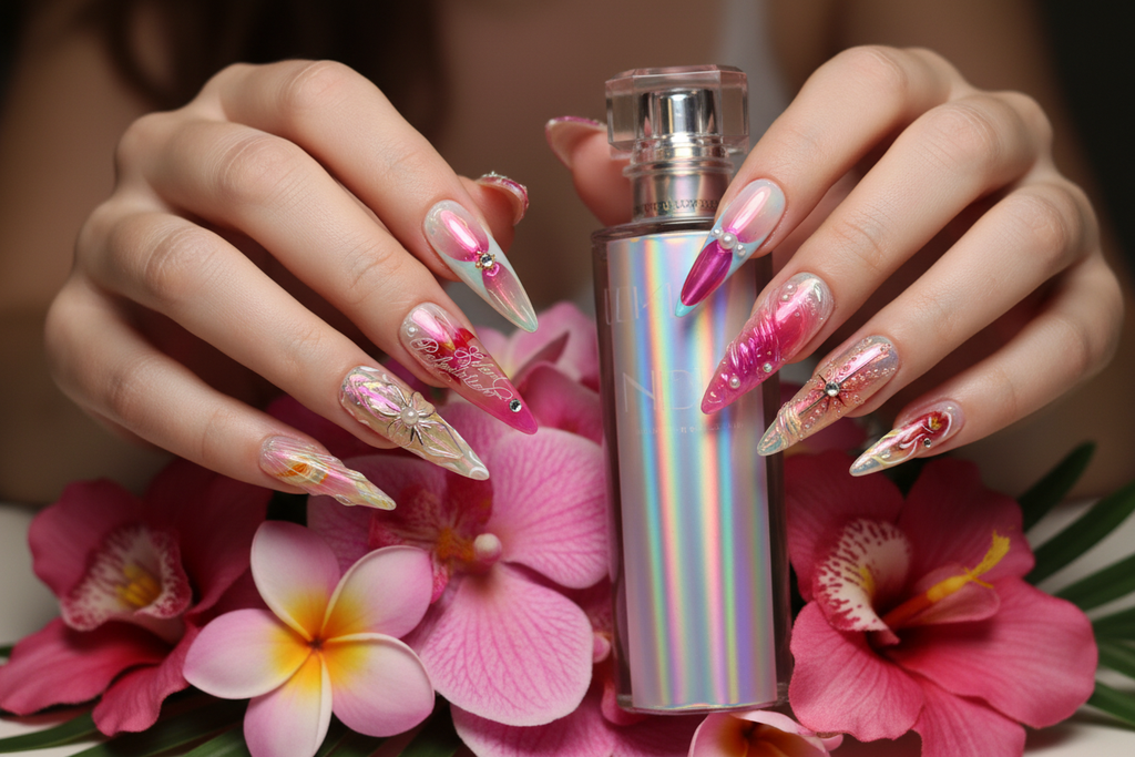 Lifestyle light skin hands wearing aurora mermaid holographic custom press-on nails holding pink flowers — LuxepressCo