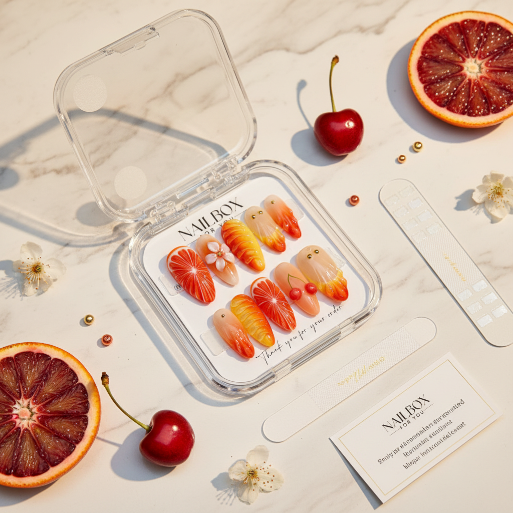 Luxury unboxing acrylic nail box Valencia bloom press-on nails with blood orange slices red cherries white flowers gold beads — LuxepressCo