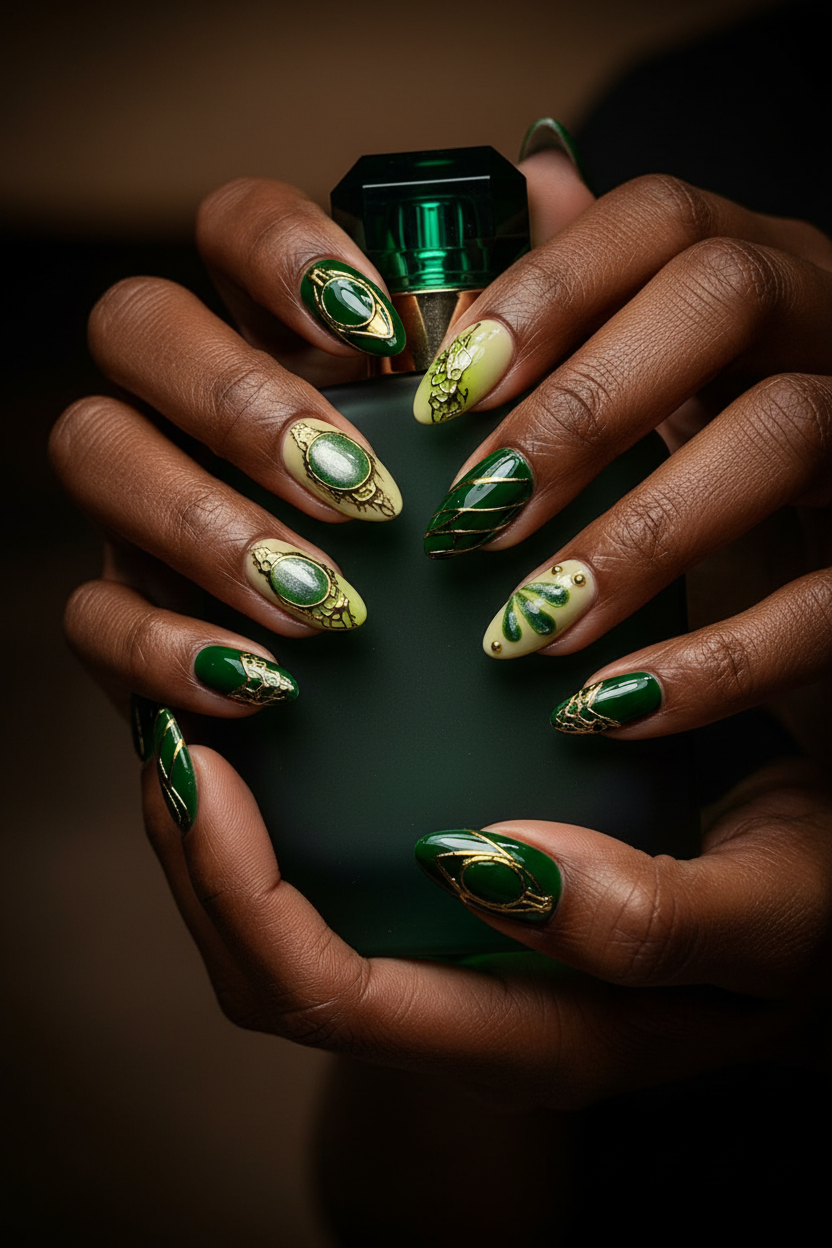 Dark green gold gemstone custom press-on nails lifestyle dark skin 10 fingers holding green perfume — LuxepressCo