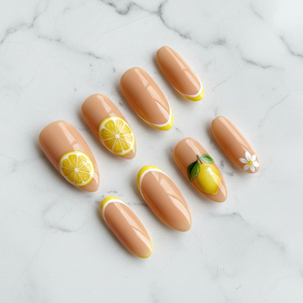 Full set 10 nude beige yellow French tip hand-painted lemon citrus slice almond custom press-on nails on marble — LuxepressCo