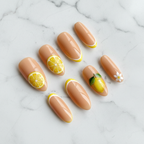 Full set 10 nude beige yellow French tip hand-painted lemon citrus slice almond custom press-on nails on marble — LuxepressCo