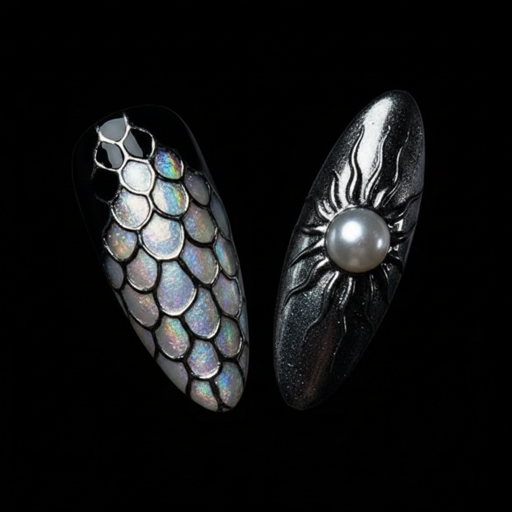 Macro close-up iridescent butterfly scale and 3D spider charm salon-quality press-on nails black silver — LuxepressCo