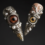 Macro close-up steampunk biomechanical antique silver 3D eyeball brown iris pearl gear salon-quality press-on nails — LuxepressCo