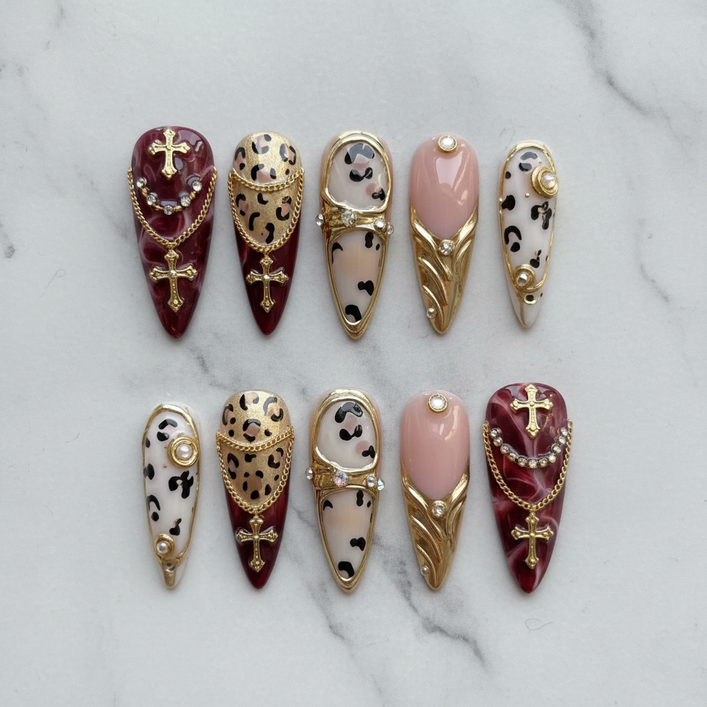 Flat lay top-down full set 10 burgundy leopard gold cross chain armor salon-quality nails white marble — LuxepressCo