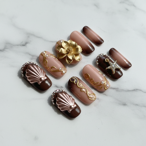 Chocolate brown rose gold chrome 3D magnolia fan shell gold vine star charm custom press-on nails full set marble studio — LuxepressCo