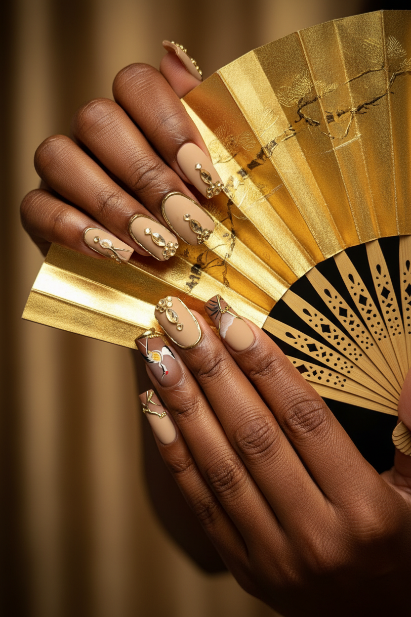 Dark-skin lifestyle Japanese crane pine tree art brown gold frame custom press-on nails holding gold fan — LuxepressCo