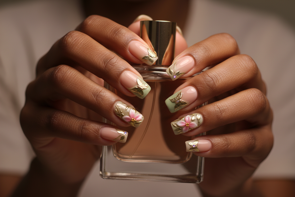 Dark-skin hands wearing sage green butterfly floral gold enamel leaf custom press-on nails holding perfume — LuxepressCo