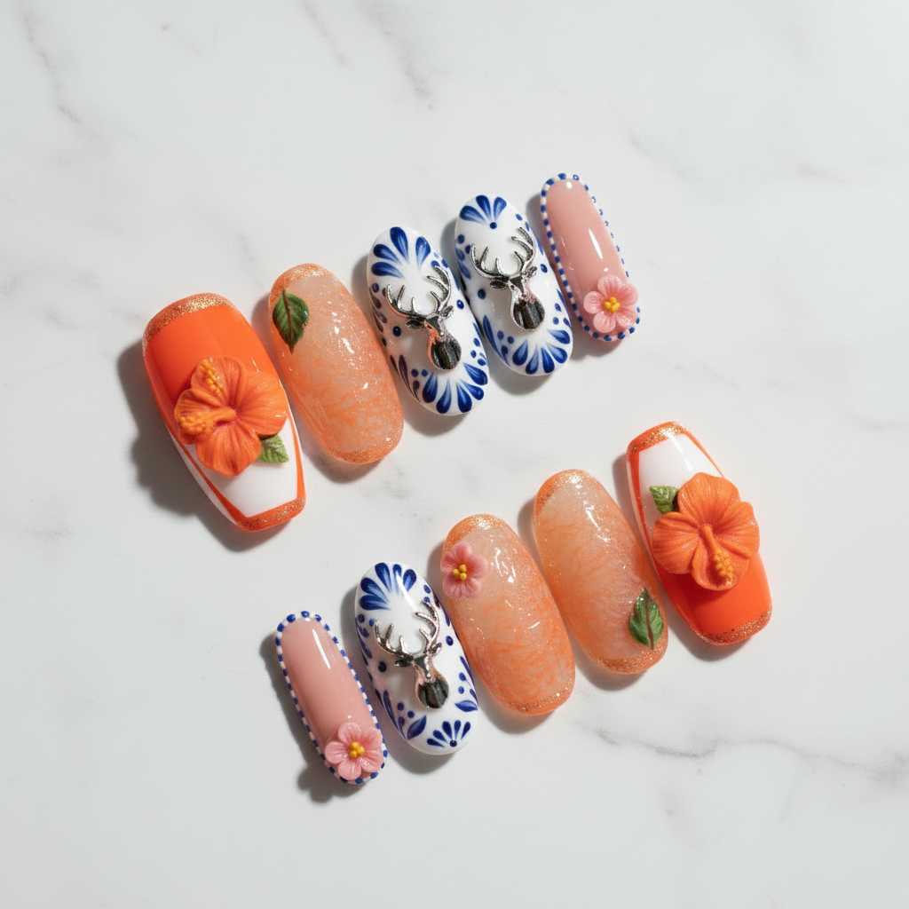 3D hibiscus Talavera folk art custom press-on nails orange French tip navy blue botanical flat lay — LuxepressCo