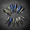 Gunmetal armor gothic moonstone blue harlequin custom press-on nails full set on dark stone — LuxepressCo