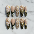 Flat lay top-down full set 10 daisy pearl rhinestone custom press-on nails white marble — LuxepressCo