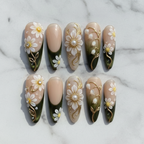Flat lay top-down full set 10 daisy pearl rhinestone custom press-on nails white marble — LuxepressCo