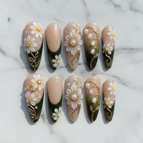 Flat lay top-down full set 10 daisy pearl rhinestone custom press-on nails white marble — LuxepressCo