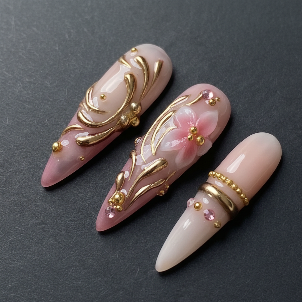 Macro close-up 3D gold filigree pink cherry blossom rhinestone stiletto custom press-on nails dramatic lighting — LuxepressCo