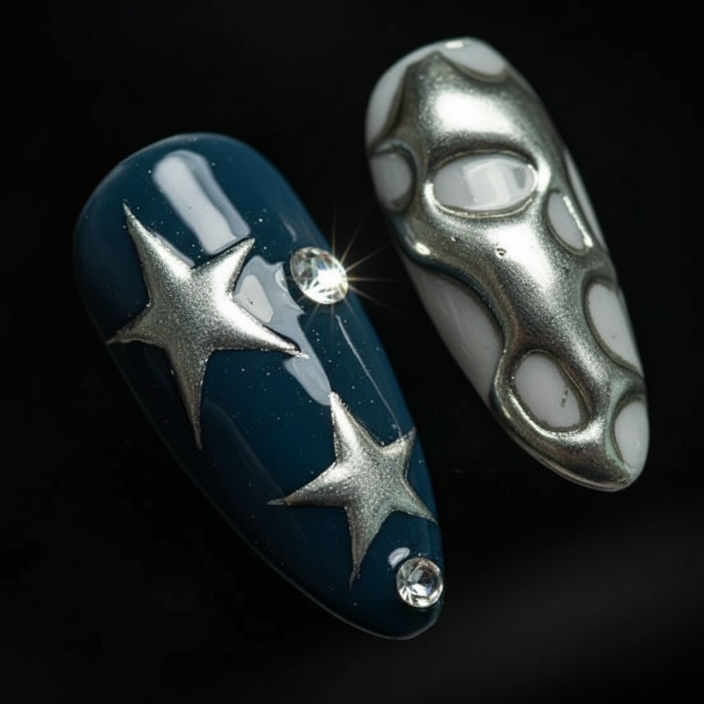 Macro close-up 3D silver star charm and organic sculpted texture salon-quality press-on nails teal chrome — LuxepressCo