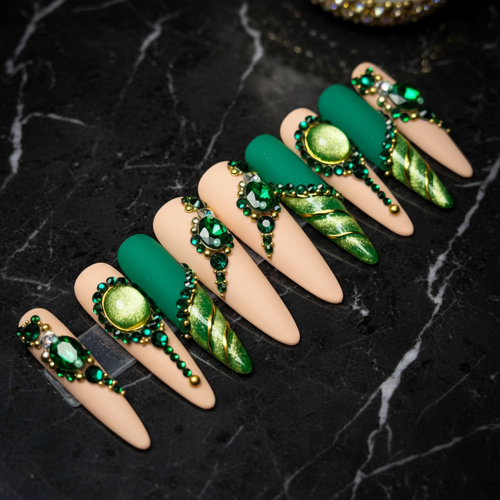 Emerald green rhinestone drape gem gold metallic leaf custom press-on nails stiletto full set on black marble — LuxepressCo