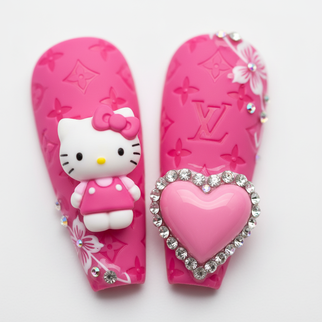Macro close-up 3D kitty charm crystal rhinestone heart chain monogram emboss custom press-on nails hot pink — LuxepressCo