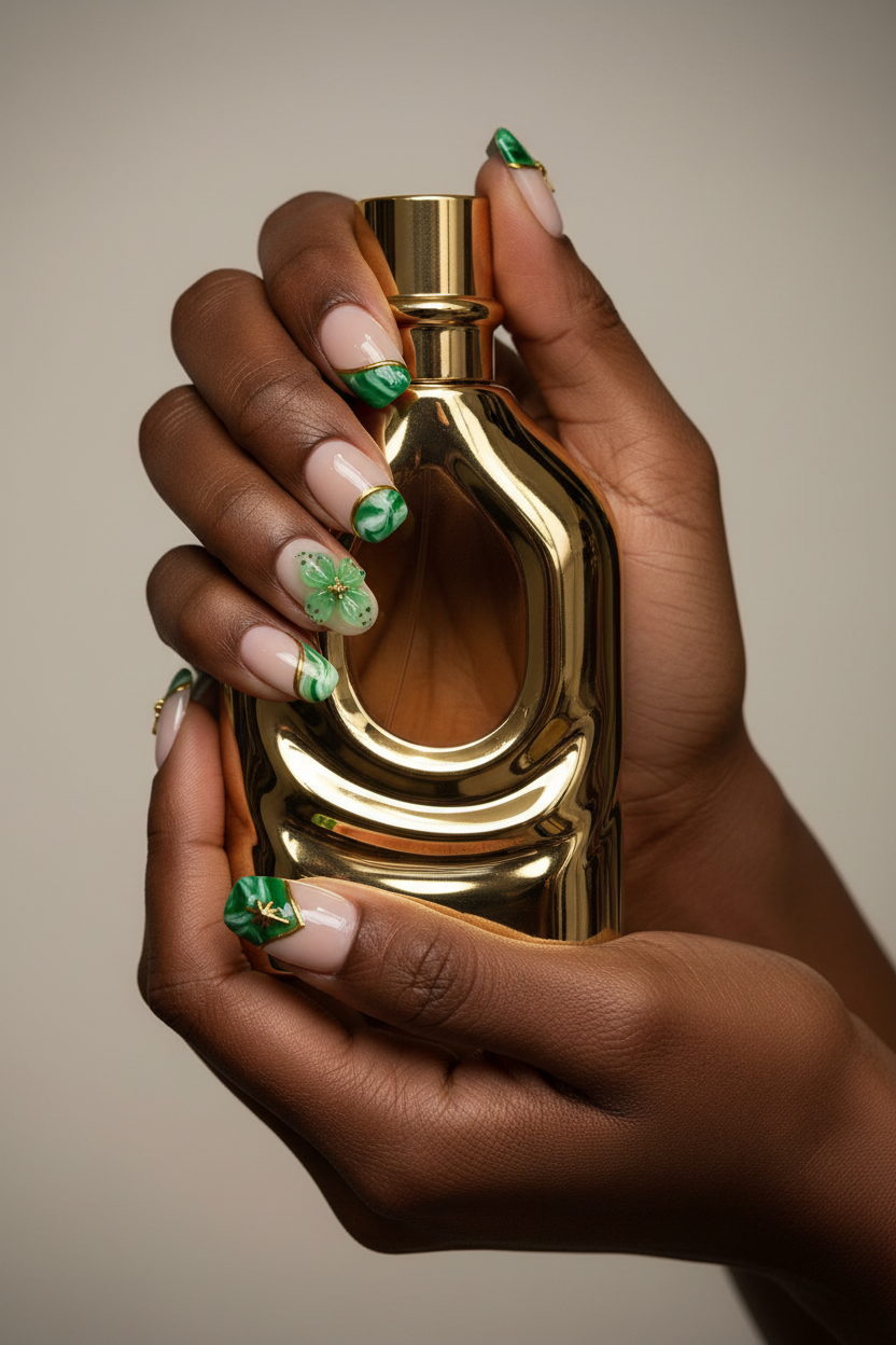 Emerald green marble custom press-on nails lifestyle dark skin holding gold perfume — LuxepressCo