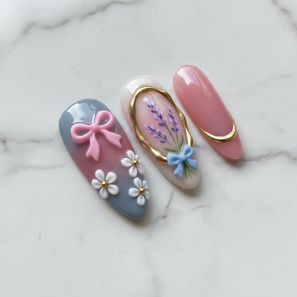 3D pink bow daisy lily of the valley custom press-on nails blue pink macro marble — LuxepressCo