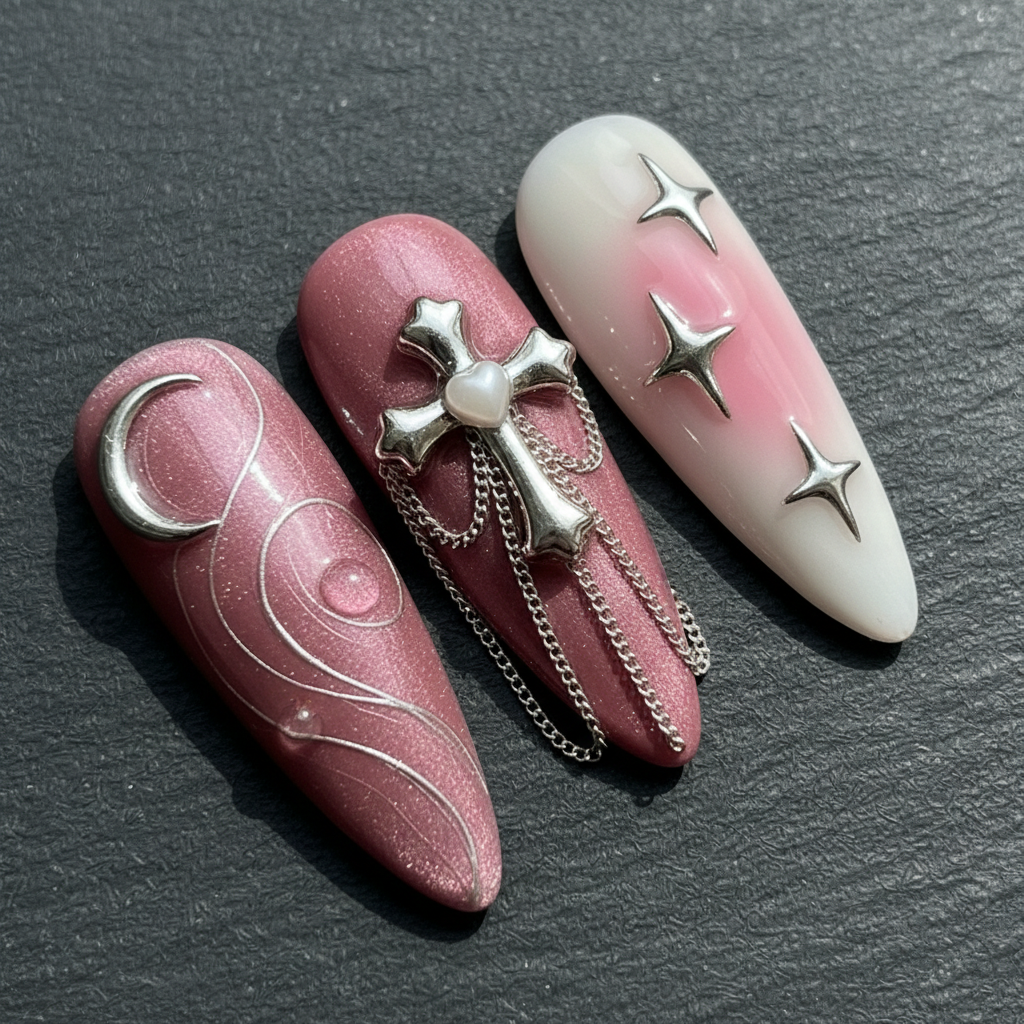 Macro close-up 3D gothic silver cross charm with chains on deep rose press-on nail custom press-on nails — LuxepressCo