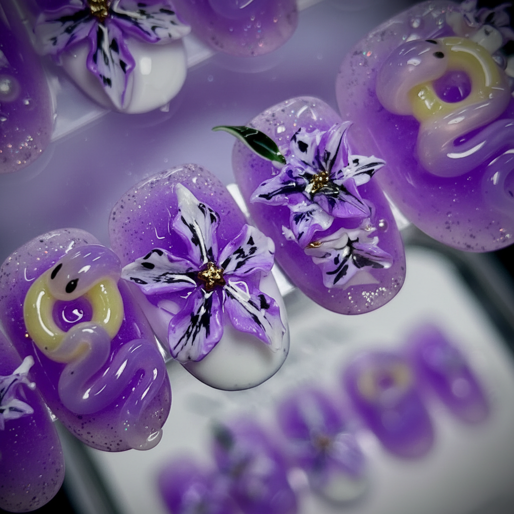 Macro close-up purple glazed donut 3D star flower holographic reusable salon-quality press-on nails — LuxepressCo
