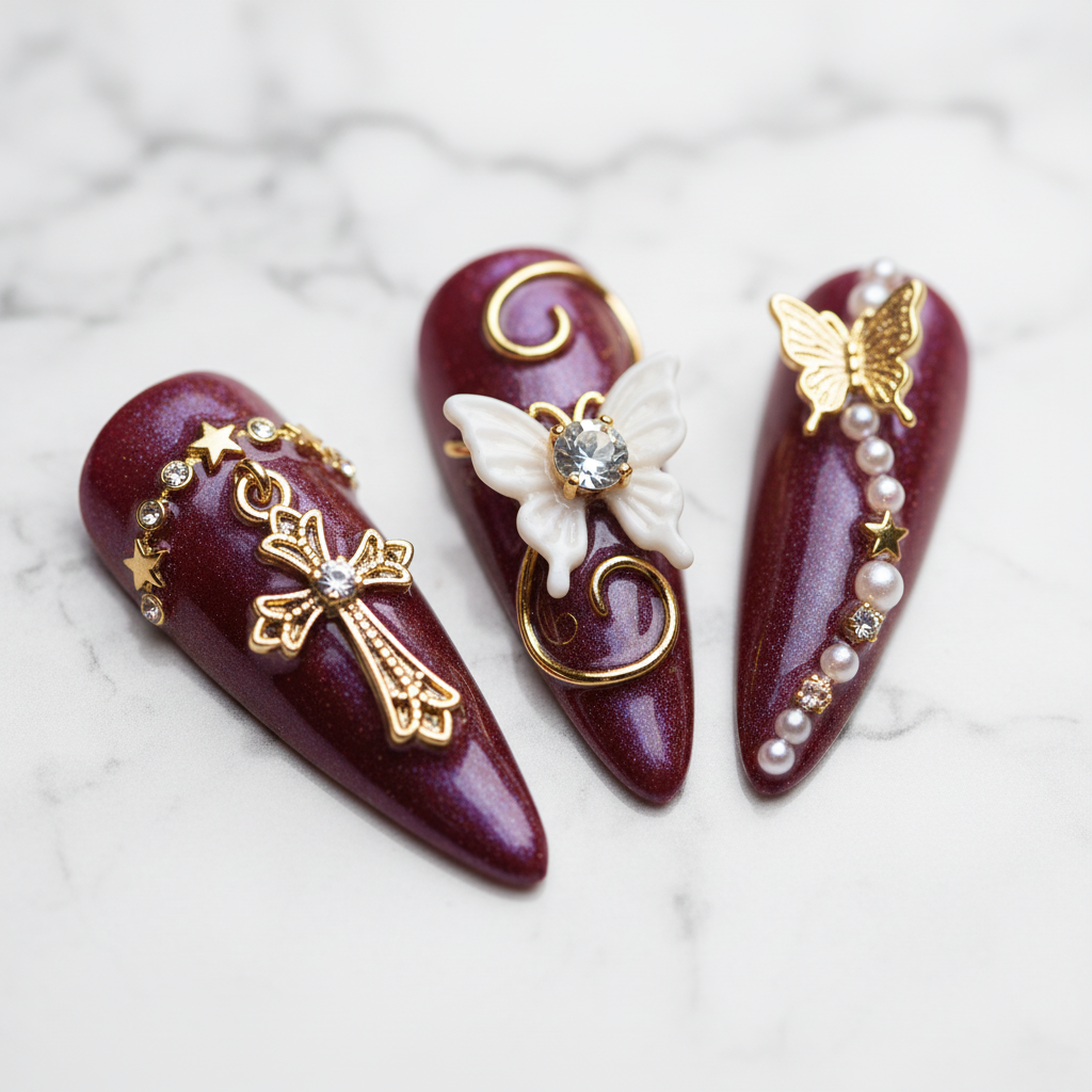 Macro close-up gold ornate filigree cross white butterfly rhinestone gold butterfly star burgundy aurora stiletto press-on nails marble — LuxepressCo