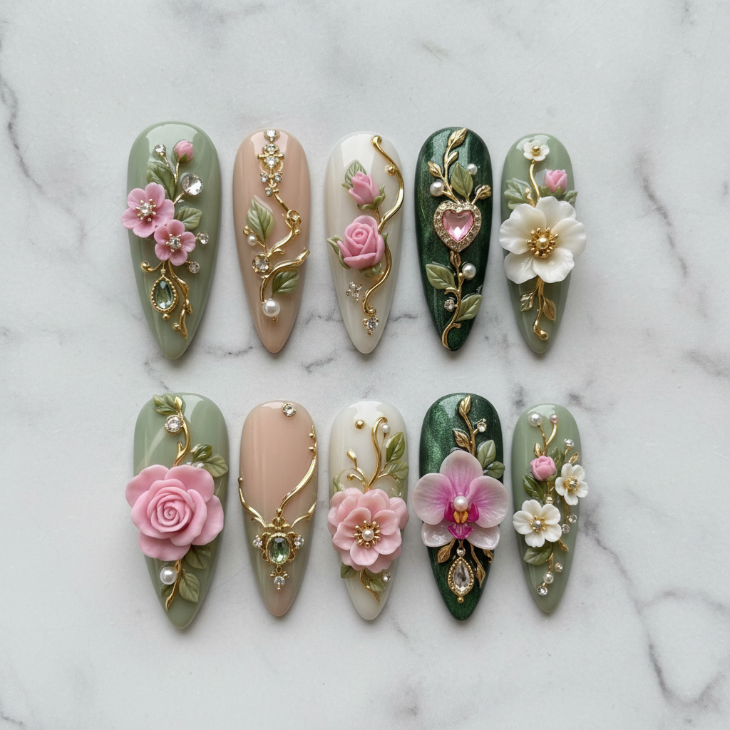 Flat lay top-down full set 10 floral 3D custom press-on nails sage green pink white marble — LuxepressCo