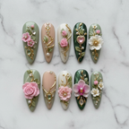 Flat lay top-down full set 10 floral 3D custom press-on nails sage green pink white marble — LuxepressCo