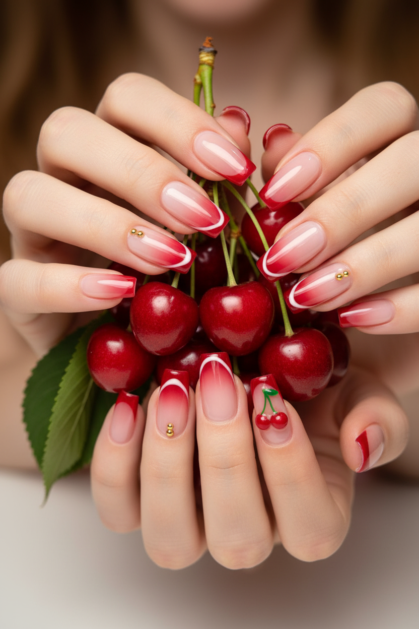 Fair-skin lifestyle cherry jelly pink red ombre 3D cherry charm custom press-on nails holding fresh cherries — LuxepressCo