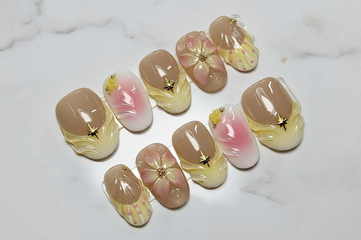 Floral aura jelly nude pink 3D flower custom press-on nails full set on marble — LuxepressCo