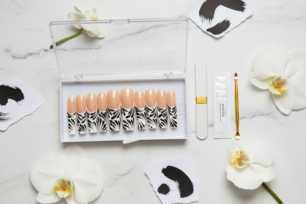 Luxury unboxing acrylic box nude peach black botanical swirl press-on nails with accessories — LuxepressCo