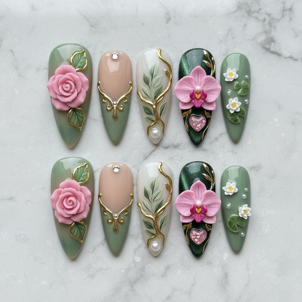 Flat lay top-down full set 10 sage green floral botanical custom press-on nails — LuxepressCo
