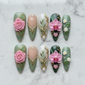 Flat lay top-down full set 10 sage green floral botanical custom press-on nails — LuxepressCo