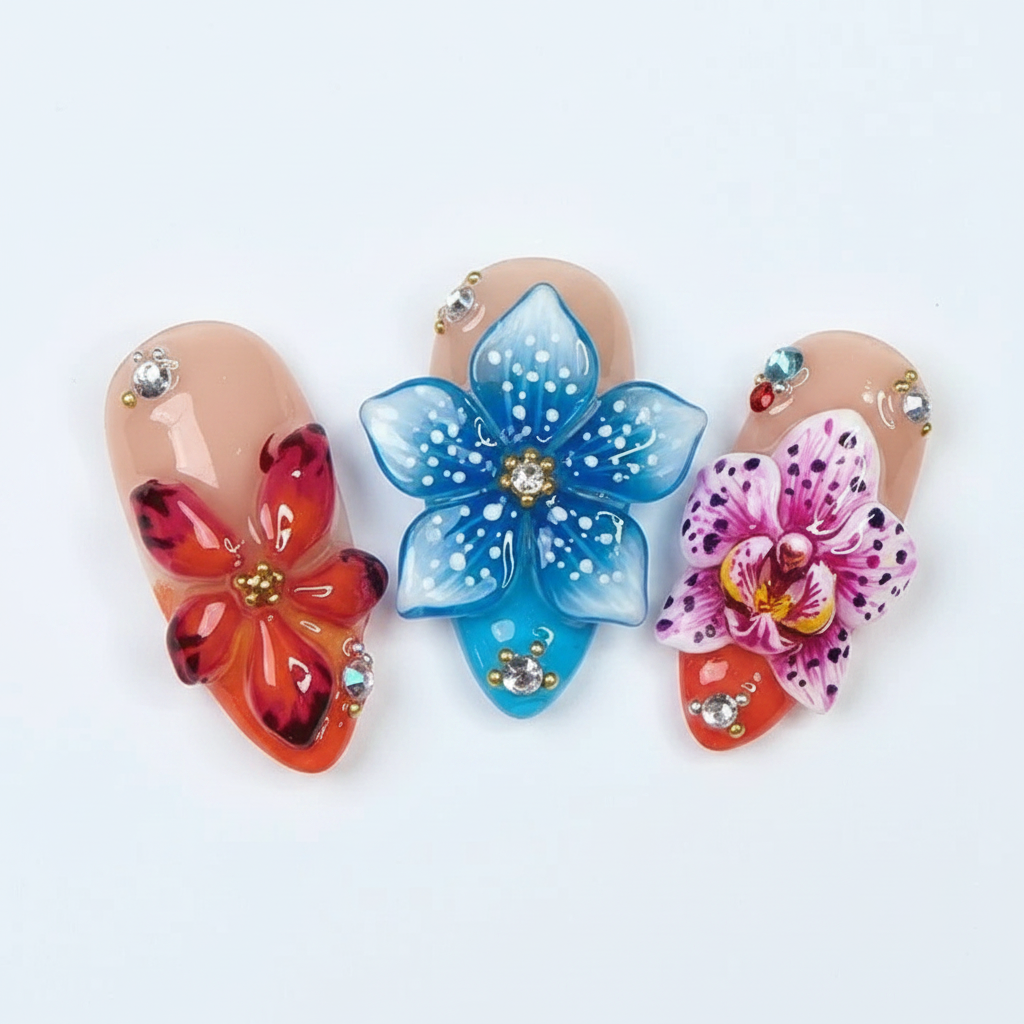 Macro close-up 3D red translucent flower blue spotted butterfly orchid rhinestone custom press-on nails — LuxepressCo