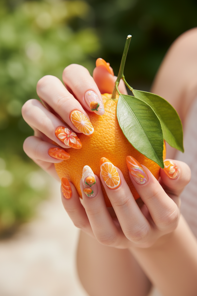 Fair skin hands wearing orange 3D floral citrus custom press-on nails holding fresh orange — LuxepressCo