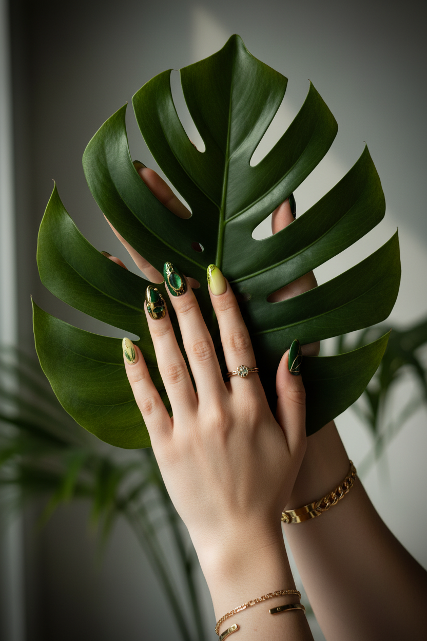 Dark green gold gemstone custom press-on nails lifestyle light skin 10 fingers holding tropical leaf — LuxepressCo